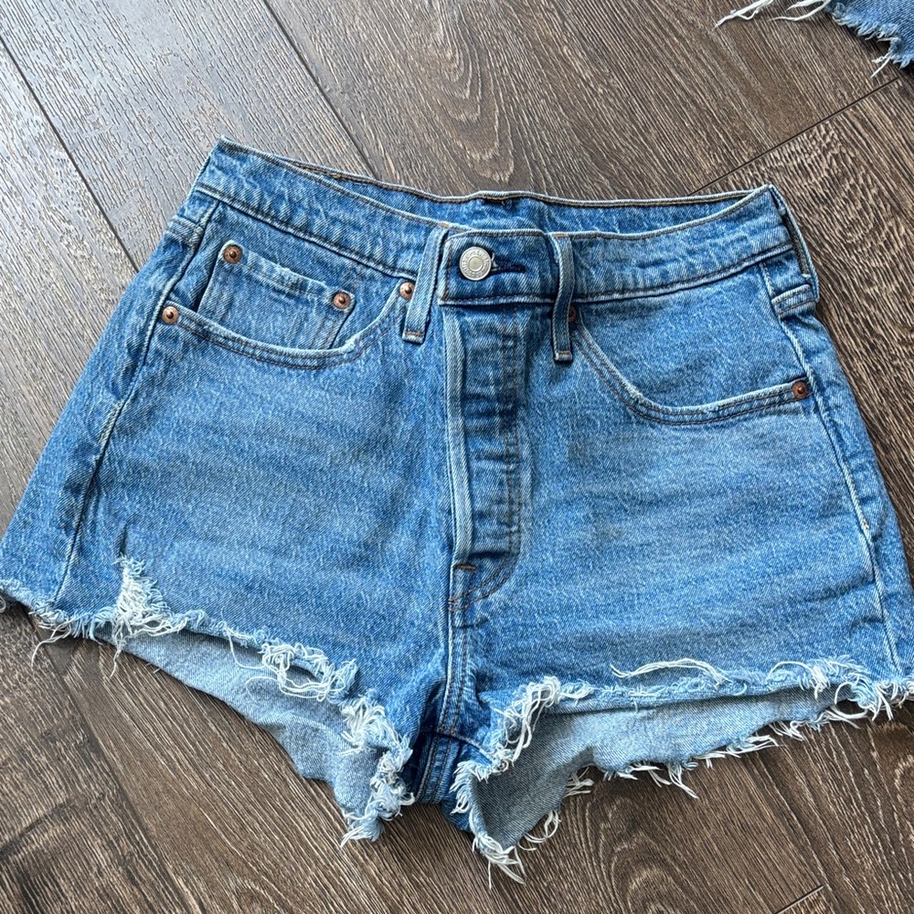 Levi's Blue Distressed Frayed Hem Denim Shorts